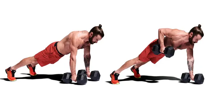 21 حرکت برای تقویت عضلات پشت و کمر 56 حرکت برای تقویت عضلات پشت و کمر,پلانک دمبل زیر بغل -Renegade Row